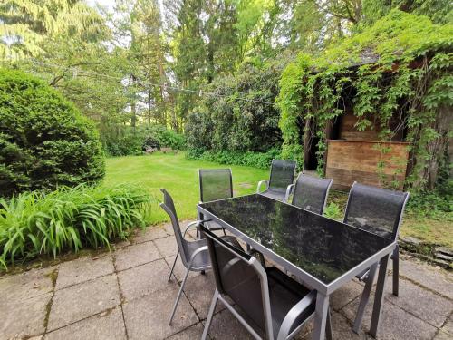 a black table and chairs in a garden at Ferienhof Ehlers in Hülsede