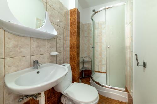 a bathroom with a sink and a toilet and a shower at D.W. KRYSTYNA in Dębki