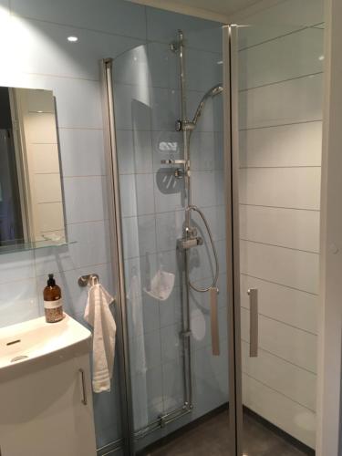 a shower with a glass door in a bathroom at Stuga i naturskönt område på västra Tjörn in Säby