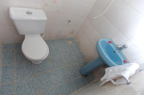 a bathroom with a white toilet and a blue urinal at Zarita Boutique Hotel in Nairobi