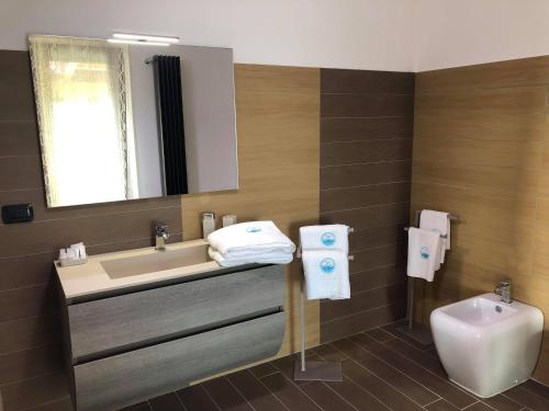 a bathroom with a sink and a mirror and a toilet at B&B Artemide in Agropoli
