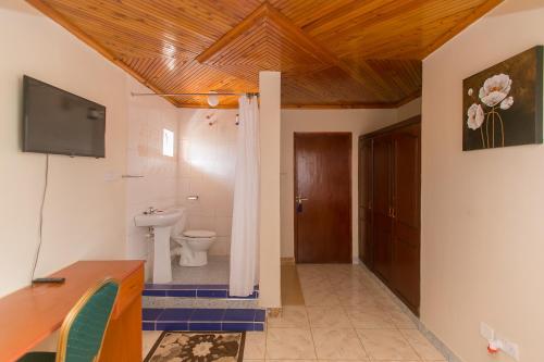 a bathroom with a toilet and a tv on a wall at Zarita Boutique Hotel in Nairobi