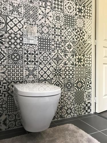 a bathroom with a toilet and a tile wall at Les Chambres d'Hotes chez Alisa et Daniel in Sarlat-la-Canéda