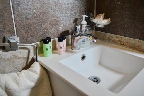 un lavandino in bagno con sapone e bottiglie di Eclectic Business & Leisure a Nicosia