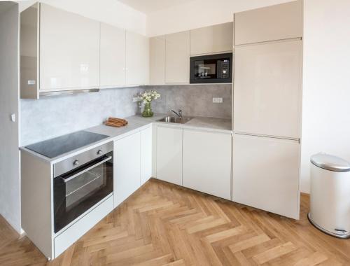 Kuchyň nebo kuchyňský kout v ubytování Letna Garden Suites