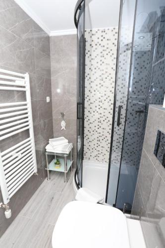 a bathroom with a shower with a toilet and a sink at Apartman Kristian in Trogir