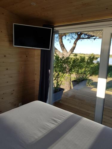 um quarto com uma cama e uma televisão na parede em Mas des Cabidoules em Saintes-Maries-de-la-Mer