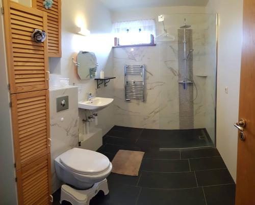 y baño con aseo, lavabo y ducha. en Peaceful farm apartment, en Eiðar