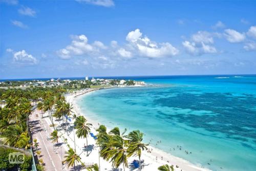 una vista aérea de una playa con palmeras y el océano en Posada los Caracoles, en San Andrés