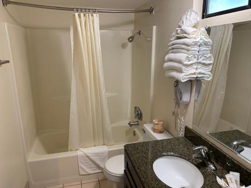 a bathroom with a sink and a toilet and a shower at Seaview Inn Grover Beach in Grover Beach