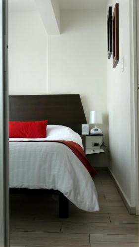 a bedroom with a large bed with a red pillow at Metropolis Suites Ejecutivas in Puebla