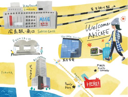 a map of australia with a woman walking and buildings at Guesthouse Akicafe Inn in Hiroshima