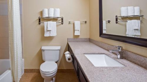 a bathroom with a toilet and a sink and a mirror at Best Western Plus Addison/Dallas Hotel in Addison
