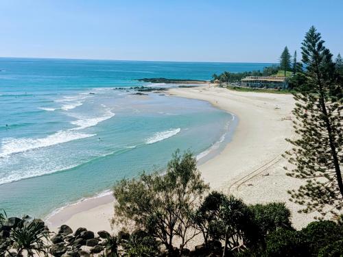a view of a beach with trees and the ocean at City Lights Motel in Tweed Heads