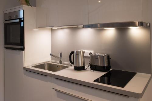 a kitchen with a sink and a coffee maker on a counter at Wenkheimer Hof Ferienwohnung in Iphofen
