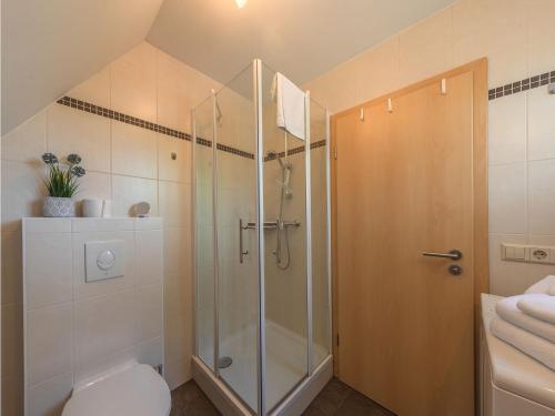ein Bad mit einer Duschkabine und einem WC in der Unterkunft Ferienhaus Finn im Heidpark Silz in Silz
