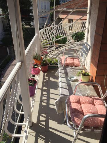 a porch with two chairs and some plants on it at Lille France Apartments in Shkodër