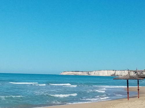 a beach with a straw umbrella and the ocean at La valle degli dei in Eraclea Minoa