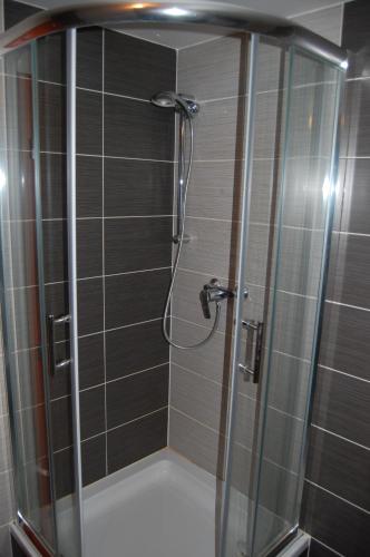 a shower with a glass door in a bathroom at Penzion Jarka in Bratislava