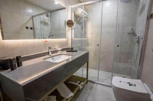 uma casa de banho com um lavatório, um chuveiro e um WC. em Shimall Deluxe em Gaziantep