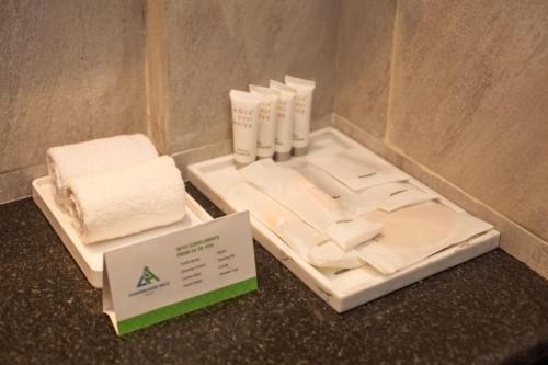 a box of towels and towels on a counter at Chandragiri Hills Resort Kathmandu-Luxury in the Clouds in Thānkot