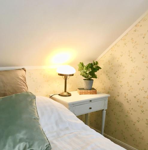 a bedroom with a bed and a table with a plant on it at Sörbygården Bed & Breakfast in Brunflo