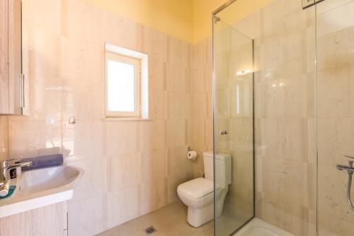 a bathroom with a shower and a toilet and a sink at Moraitis Mansion in Corfu