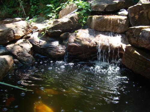 a waterfall in a pond with rocks at The Historic Taos Inn in Taos