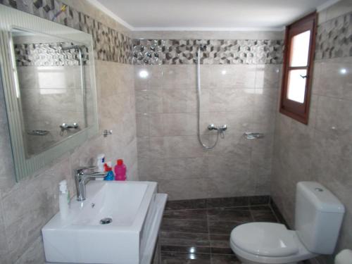 a bathroom with a sink and a toilet and a shower at Sofirene Sea View in Batsi