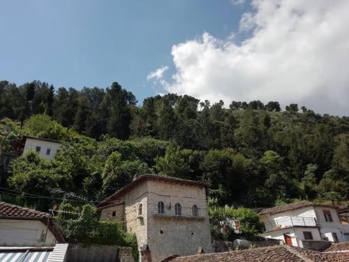 an old building in front of a mountain at Guesthouse Belle View Old Town in Berat