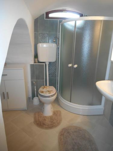 een badkamer met een douche, een toilet en een wastafel bij Apartman Sara in Matulji