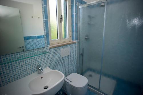 a bathroom with a toilet and a sink and a shower at Il Caubbio in Lacona