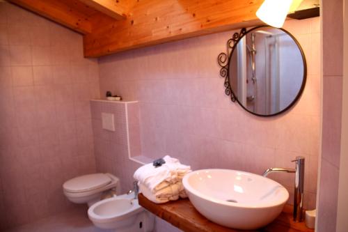 a bathroom with a sink and a toilet and a mirror at Mortirolo in Mazzo di Valtellina