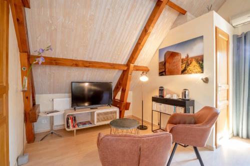 ein Wohnzimmer mit Flachbildfernseher und Stühlen in der Unterkunft B&B L'Orée du Bois Bourgogne - Adults Only in Saint-Nicolas-lès-Cîteaux