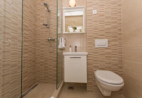 a bathroom with a toilet and a glass shower at Apartments Ivica - 100m from the sea in Drvenik Veli