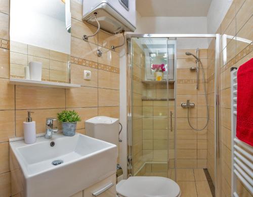 a bathroom with a sink and a shower and a toilet at Apartments Emi in Split