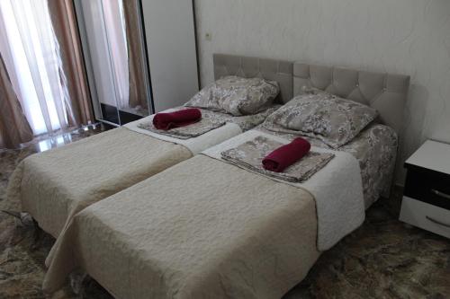 two beds in a bedroom with red pillows on them at Hotel Georgia in Gonio