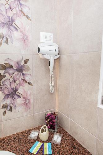 a bathroom with a hair dryer and a phone on the wall at Magic Garden by Vlăduț in Bacău
