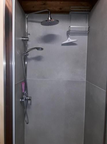 a bathroom with a shower with a shower head at Domaine du Hulobiet in Fromelennes