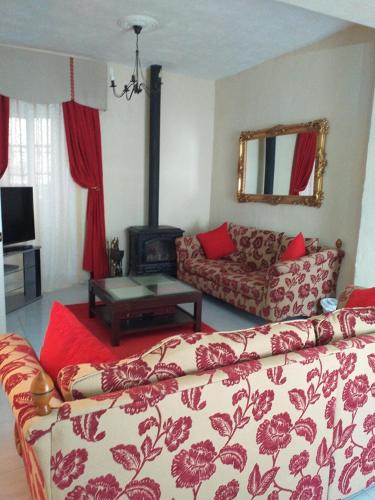ein Wohnzimmer mit einem Sofa und einem Kamin in der Unterkunft Casa De Royal Oaks in Encinas Reales