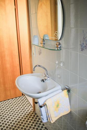 a bathroom with a sink and a mirror at Gasthof Kornbachtal in Gefrees