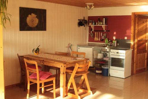 uma cozinha com uma mesa de madeira e cadeiras em Apartment Hof Schwalbennest em Kaarßen