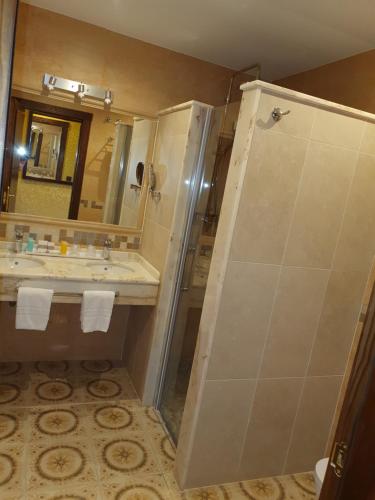 a bathroom with a shower and a sink at Hotel Cerro La Nina in Beceña