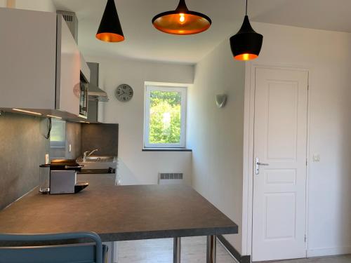 une cuisine avec une table et deux lumières au plafond dans l'établissement Joli 2 pièces Rénové au Calme à Saint-Malo/Quartier Saint Servan, à Saint-Malo