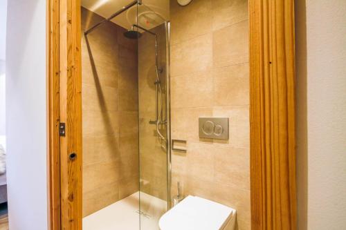 La salle de bains est pourvue d'une cabine de douche et de toilettes. dans l'établissement PORTES DU PLENEY 101, à Morzine