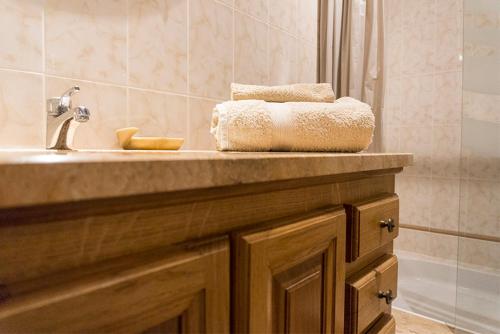 ein Badezimmer mit einem Waschbecken und einer Dusche mit Handtüchern in der Unterkunft Chateau Du Payre in Cardan