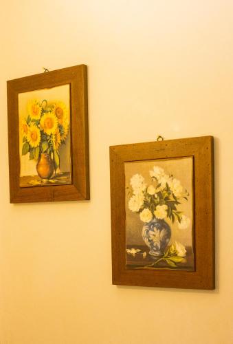 two pictures of flowers are hanging on a wall at Cà di Rò in Polignano a Mare