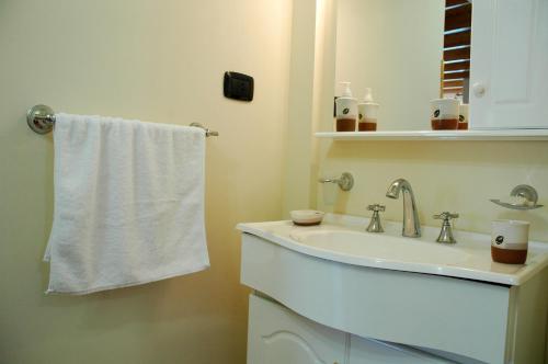 Baño blanco con lavabo y toalla en Puente Austral, en San Carlos de Bariloche