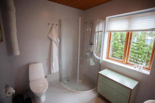 a bathroom with a shower and a toilet and a window at 3 storey, 5 bedroom, 3 bathroom house in the center of Tórshavn in Tórshavn