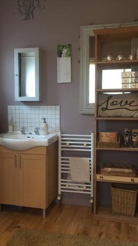 a bathroom with a sink and a mirror and a shelf at king Temper-luxury , TV, fridge, microwave in Upton